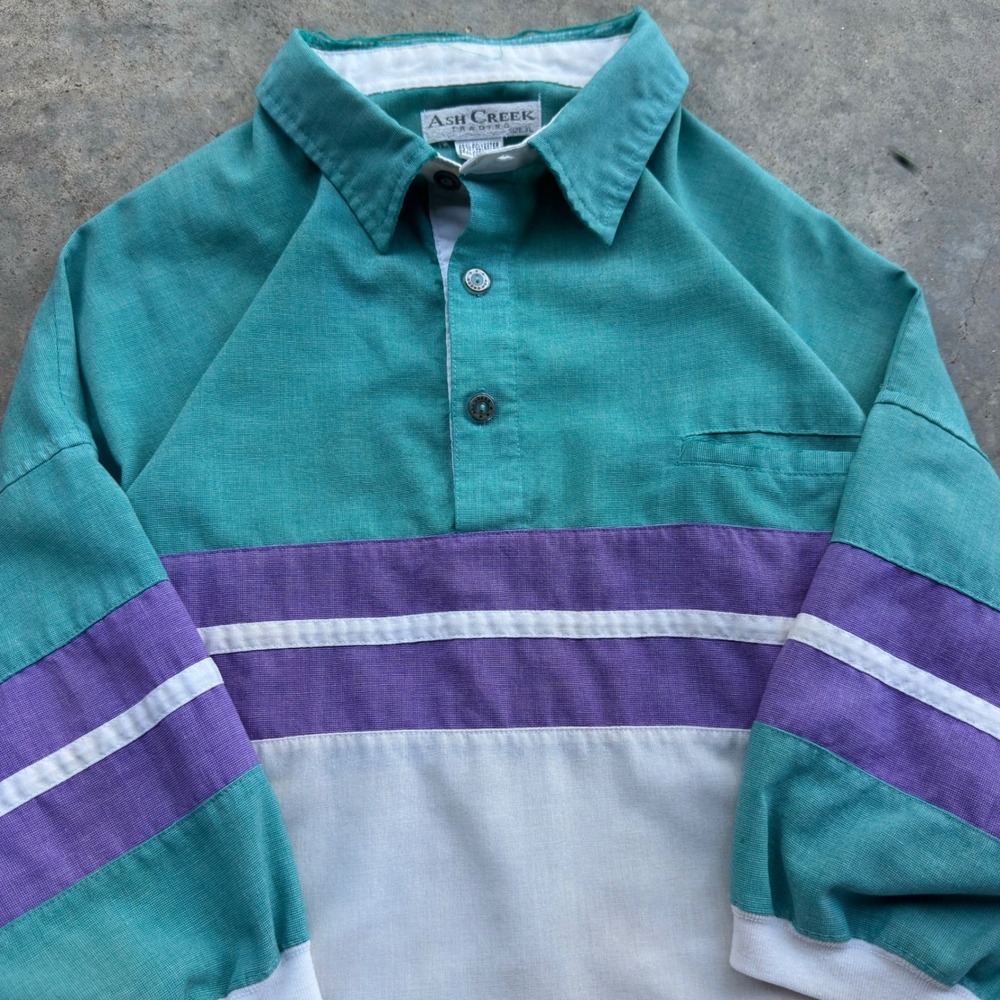Vintage 80s Ash Creek Trading Polo Style Colorblock Teal Purple XL (f7)
